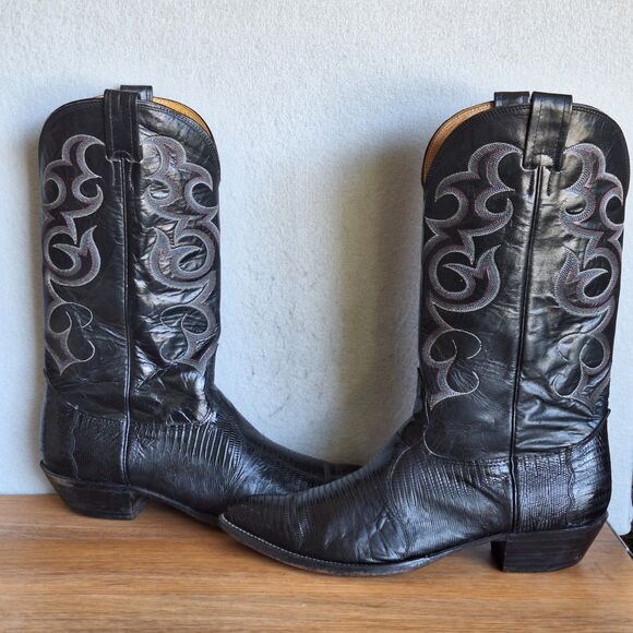 Nocona Vintage Mens 11 Teju Lizard Cowboy Boots Black Leather Western USA main image 14